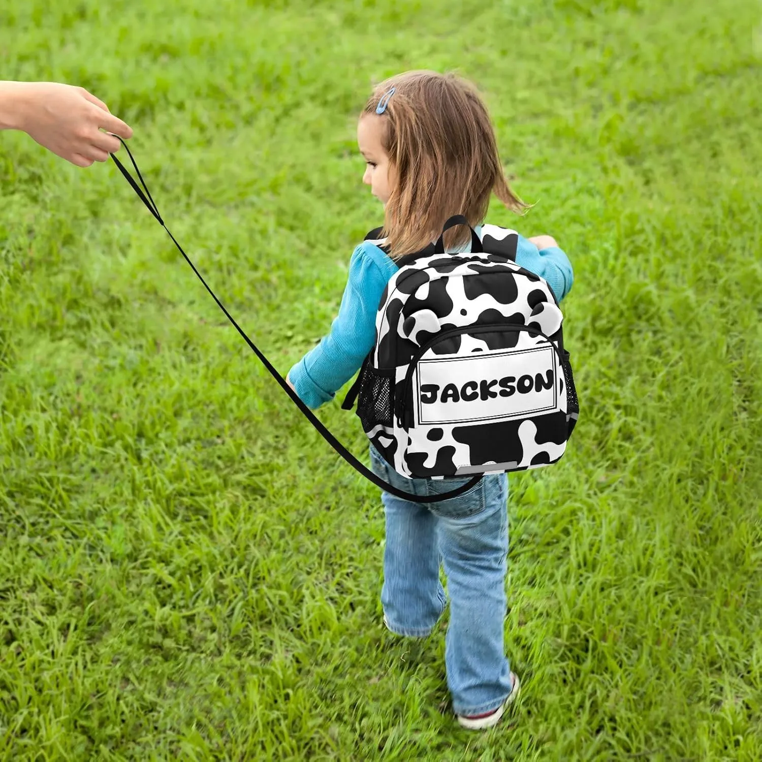 Custom Black White Preschool Backpack Cow Skin Daycare Bookbag School Backpack with Traction Rope Fashion Casual Cartoon School Travel Picnic Birthday for Kids 3-6