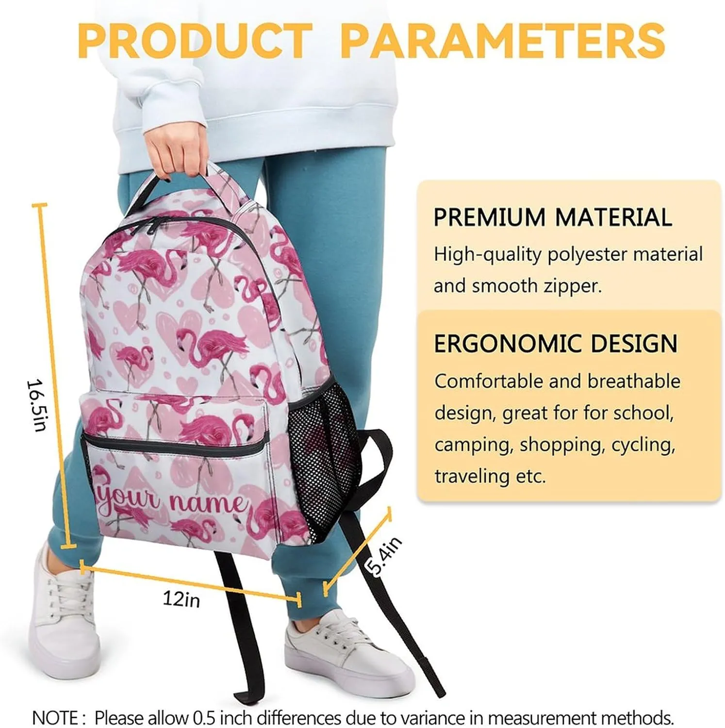 Custom Flamingo Backpack for Girls Boys, 16 Inch Pink Backpacks for School, Cute Lightweight Durable Bookbag for Kids