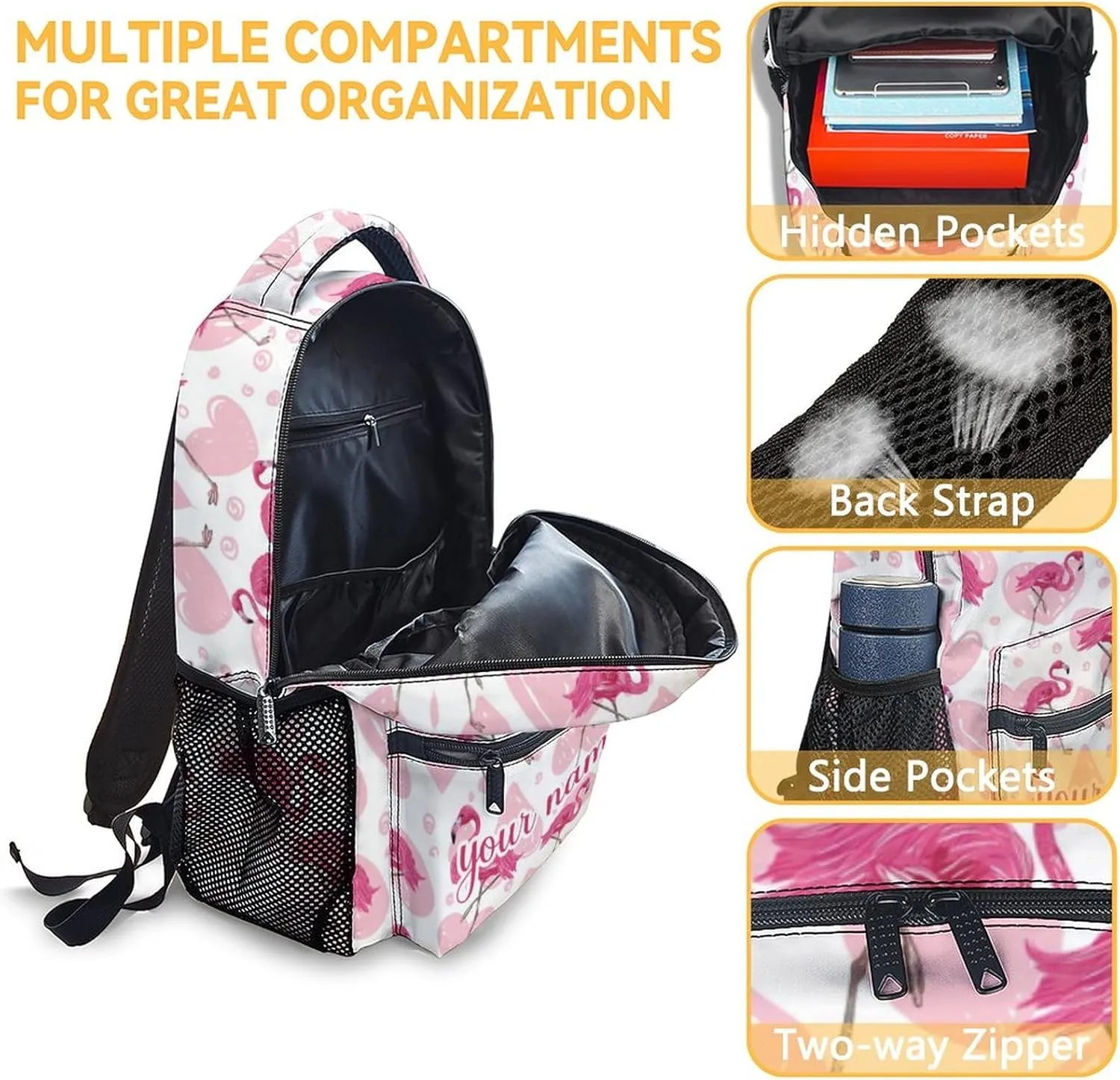 Custom Flamingo Backpack for Girls Boys, 16 Inch Pink Backpacks for School, Cute Lightweight Durable Bookbag for Kids