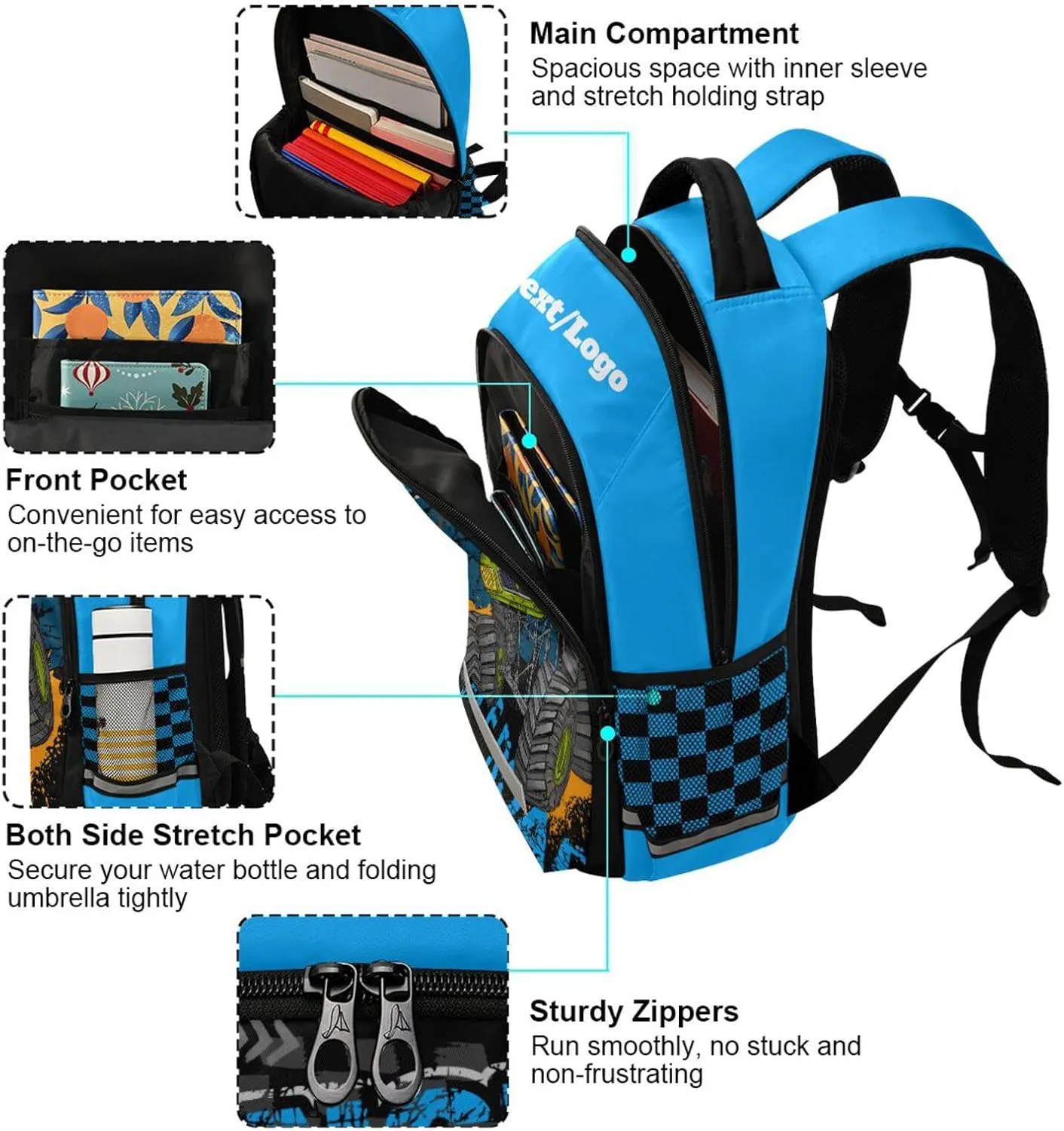Custom Personalized Monster Truck Backpack for Boys Girls School Backpack Kids Backpack Bookbag Elementary School Bag