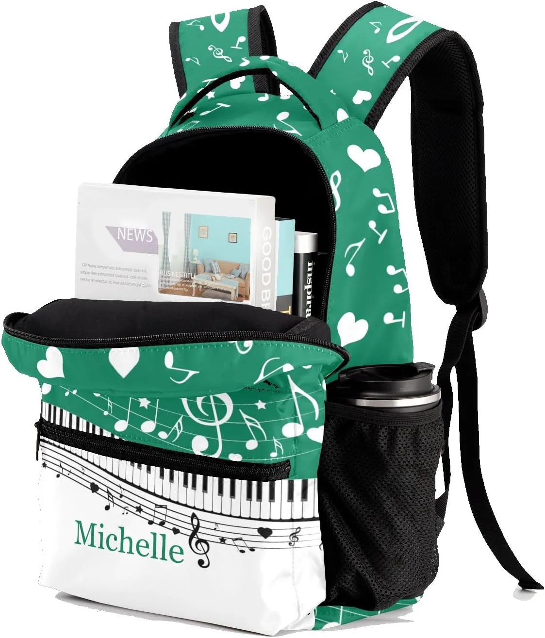 Customized Piano Key Music Notes Turquoise School Backpack Laptop Bag Travel Daypack for Gift