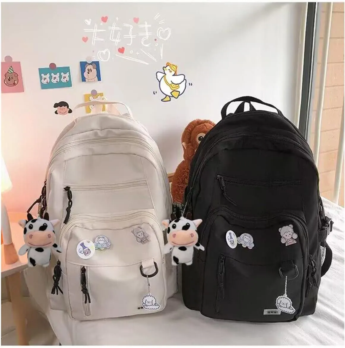 Cute Aesthetic Backpack for teen girls middle school Bag Student Laptop White Backpacks With Cute pin accessories(Black, One Size)