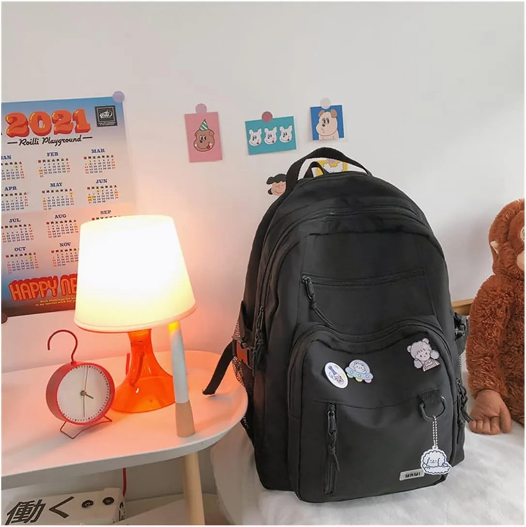Cute Aesthetic Backpack for teen girls middle school Bag Student Laptop White Backpacks With Cute pin accessories(Black, One Size)