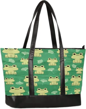 Cute Frog Leaf Laptop Tote Bag for Women Lightweight Work Purse with Multiple Compartments Fits 13-15.6 Inch Laptop Tablet Shoulder Bag for Office Travel Daily Use