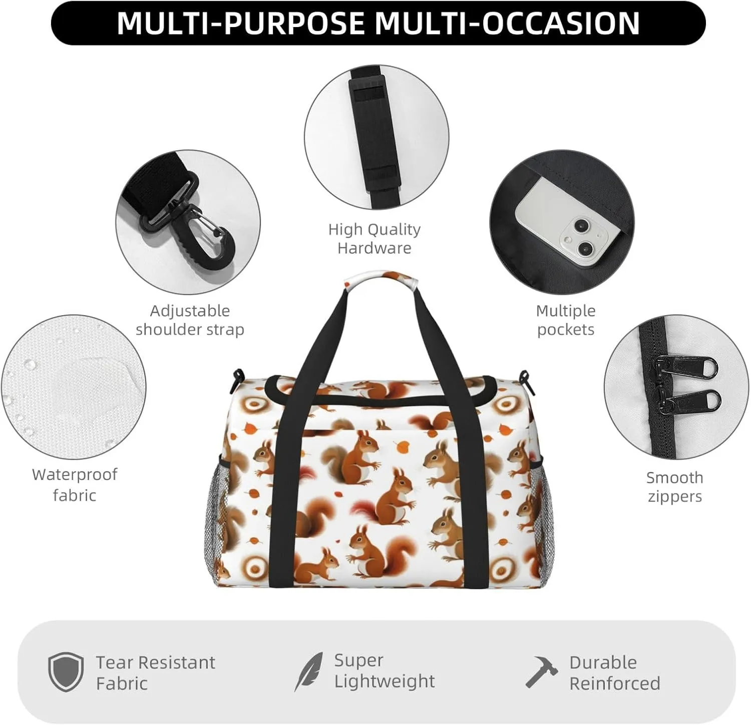 Cute Squirrel Travel Duffel Bag With Zippers And Handles, Big Foldable Duffle Bag For Family Vacations