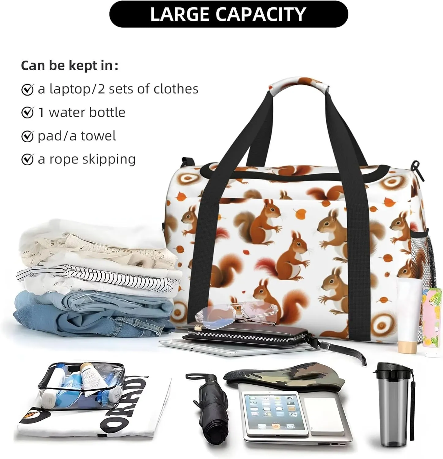 Cute Squirrel Travel Duffel Bag With Zippers And Handles, Big Foldable Duffle Bag For Family Vacations