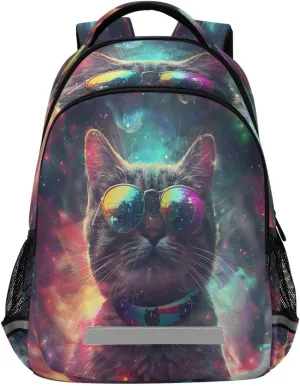 Cute Surreal Space Cat with Mirror Shades Realism High Contrast High Detail Rainbow Colors Unisex Backpacks with Reflective Strips for School College Travel Laptop Lightweight Backpack