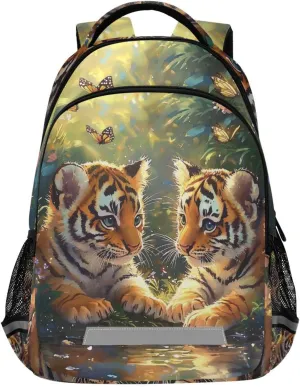 Cute Tiger Butterfly Lotus Flower Backpack for Boys Girls Elementary School Bag Kids Travel Bags Casual Rucksack Laptop Bookbag