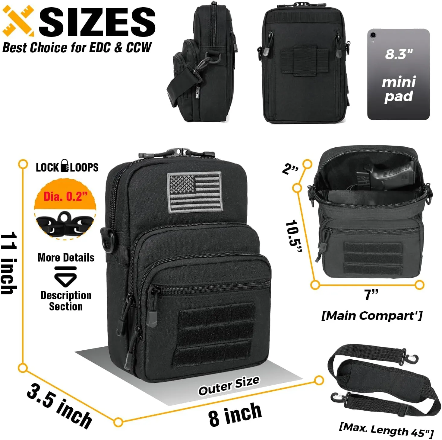DBTAC Compact Gun Pouch w/Shoulder Strap | 3L CCW Crossbody Travel Bag Tactical Shoulder Bag w/Gun Holder, Black