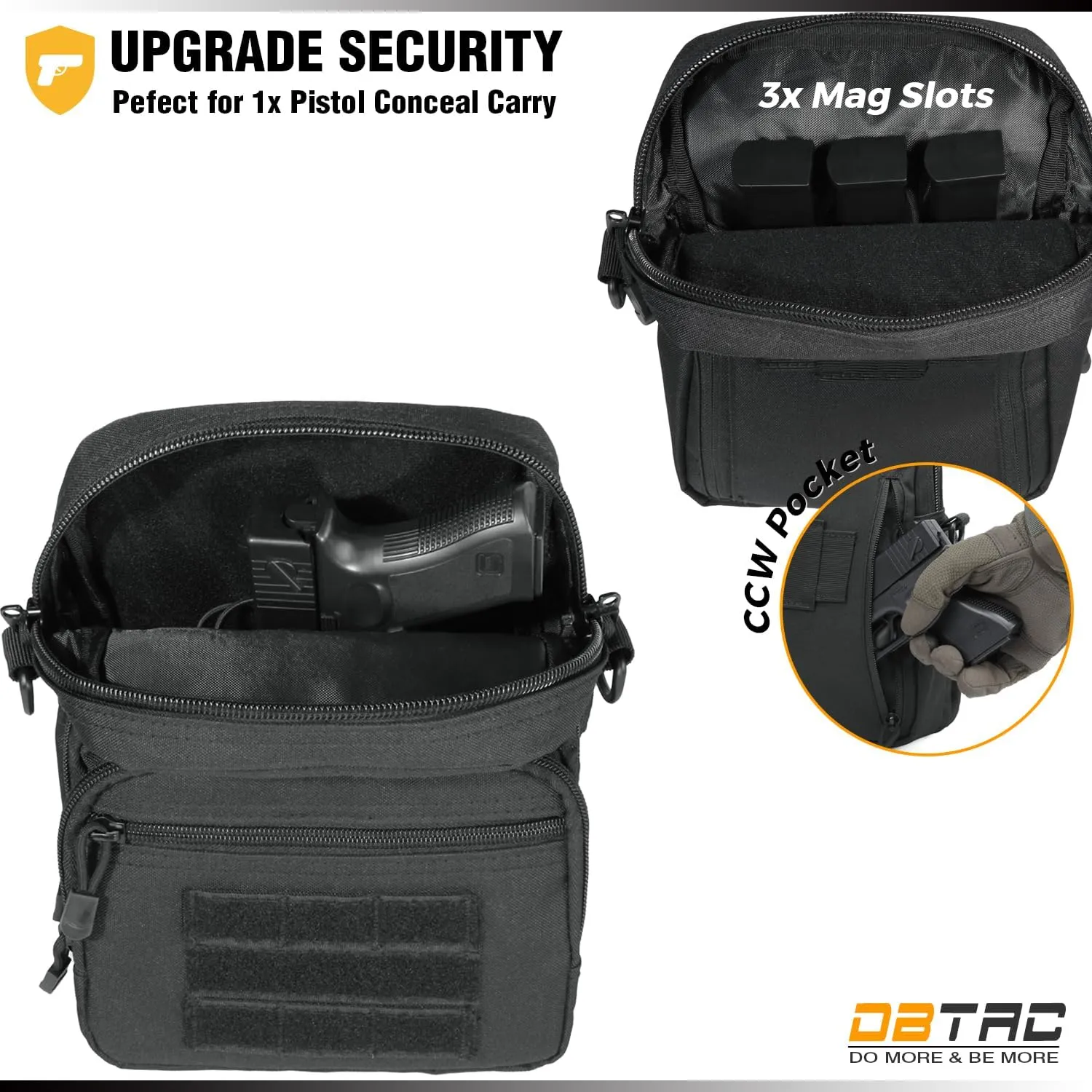 DBTAC Compact Gun Pouch w/Shoulder Strap | 3L CCW Crossbody Travel Bag Tactical Shoulder Bag w/Gun Holder, Black
