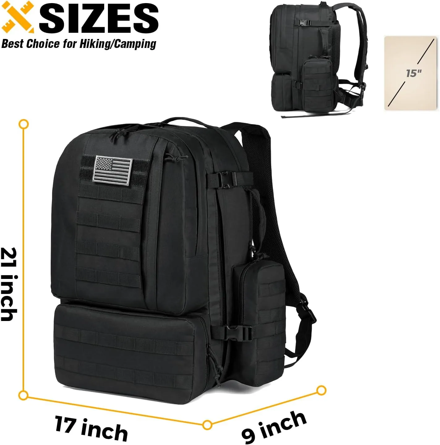 DBTAC Tactical Backpack 50L Large Army 3-DAYS Assault Pack Molle Bag for Outdoor Hiking/Travel/Work (Black)