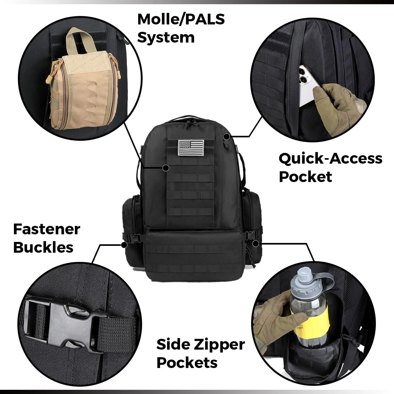 DBTAC Tactical Backpack 50L Large Army 3-DAYS Assault Pack Molle Bag for Outdoor Hiking/Travel/Work (Black)
