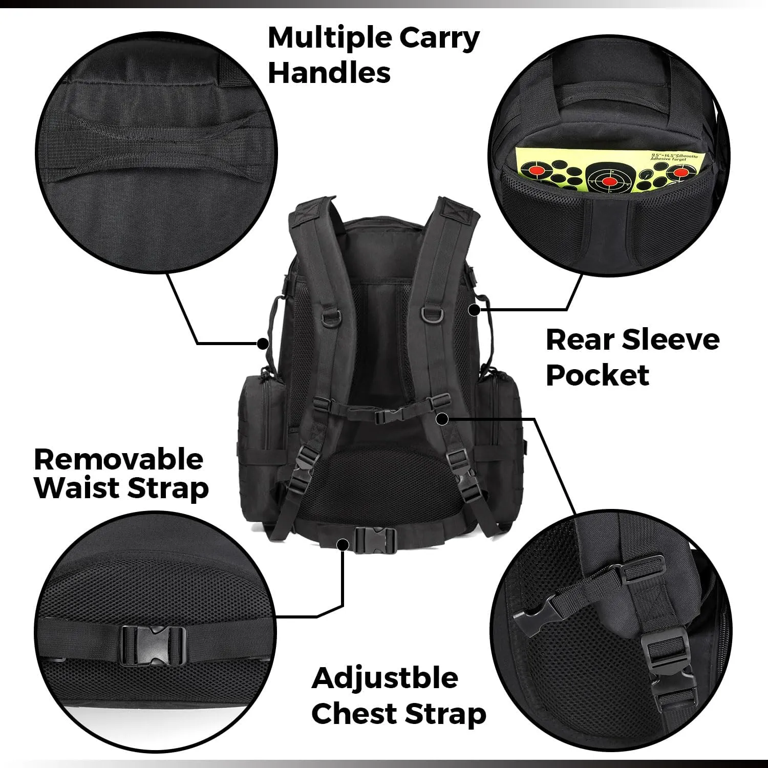 DBTAC Tactical Backpack 50L Large Army 3-DAYS Assault Pack Molle Bag for Outdoor Hiking/Travel/Work (Black)