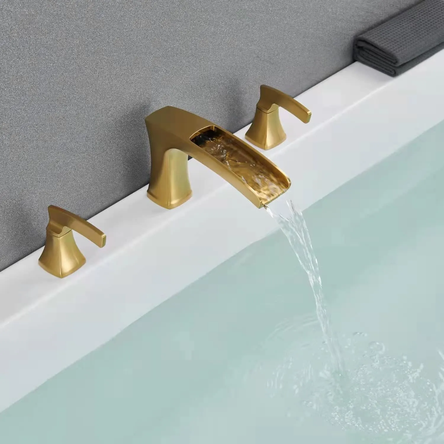 Deck Mount Waterfall Tub Faucet Roman Tub Filler Brushed Gold Bathtub Faucets 3 Hole Brass Bathroom Faucets with 2 Handles