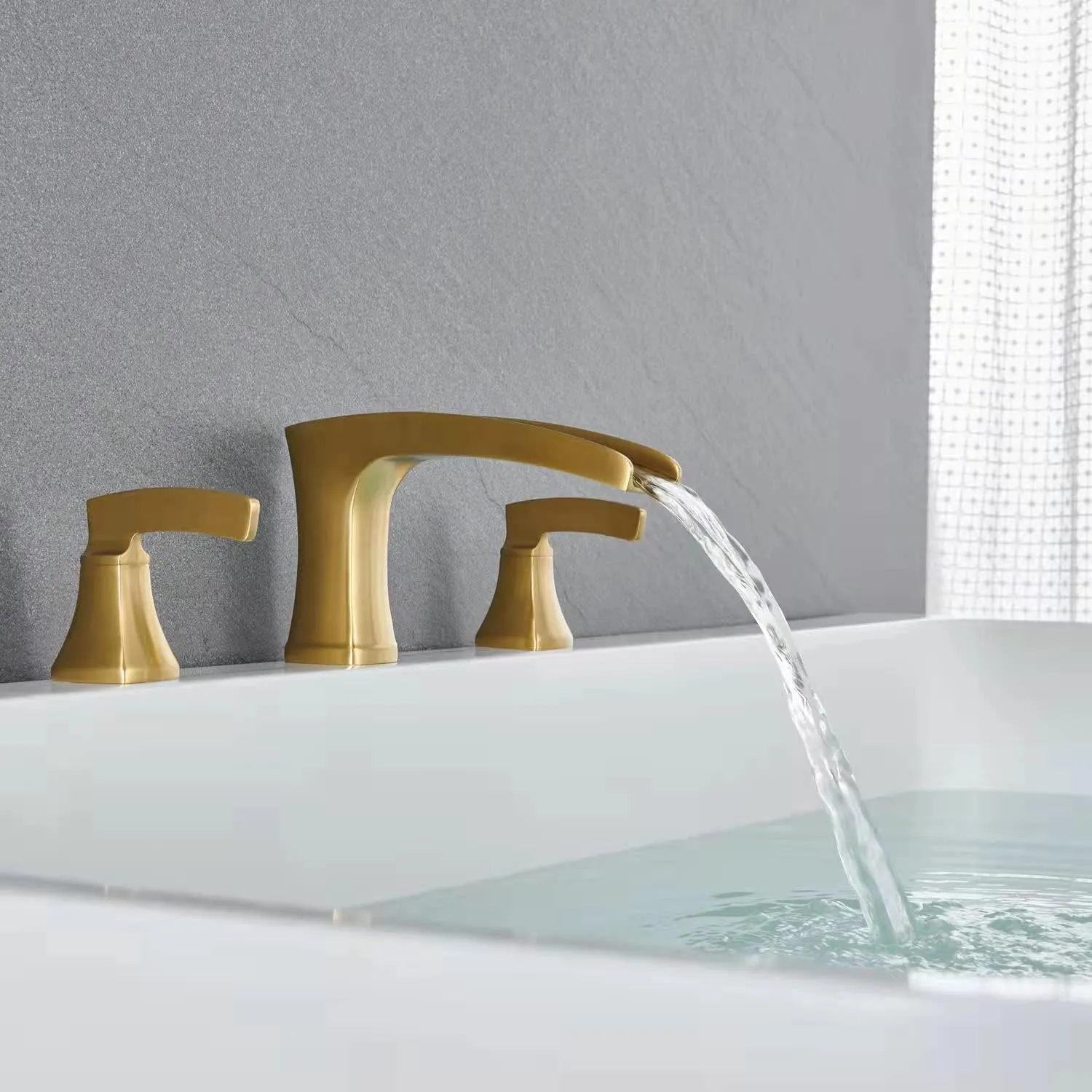 Deck Mount Waterfall Tub Faucet Roman Tub Filler Brushed Gold Bathtub Faucets 3 Hole Brass Bathroom Faucets with 2 Handles
