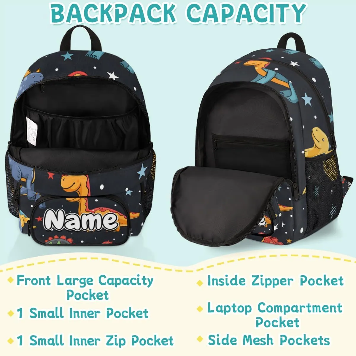 Dinosaurs Stars Large Custom Backpack with Name Lightweight Personalized Shoulder Bag Backpack for Women Men Waterproof Casual Daypack Laptop Bag 16.7in