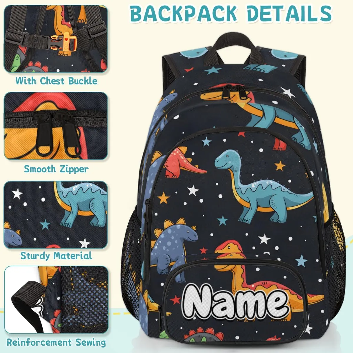 Dinosaurs Stars Large Custom Backpack with Name Lightweight Personalized Shoulder Bag Backpack for Women Men Waterproof Casual Daypack Laptop Bag 16.7in
