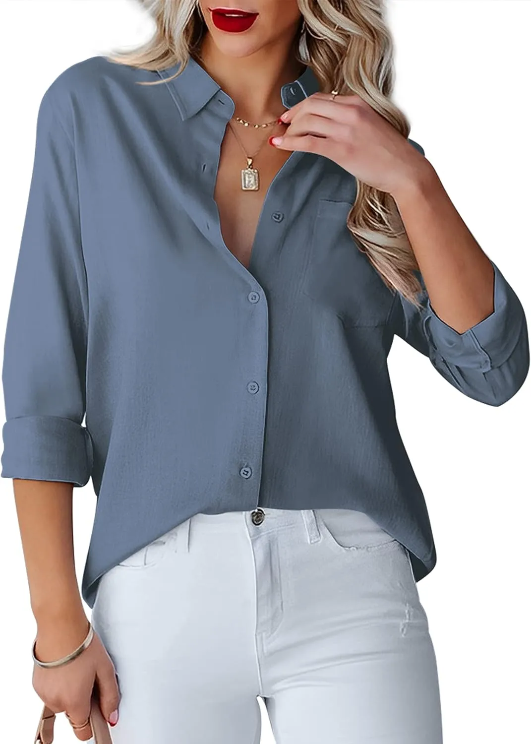 Diosun Womens Button Down Shirts V Neck Long Sleeve Office Casual Business Plain Blouse Tops with Pocket