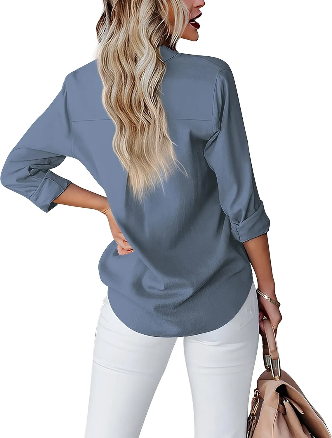 Diosun Womens Button Down Shirts V Neck Long Sleeve Office Casual Business Plain Blouse Tops with Pocket