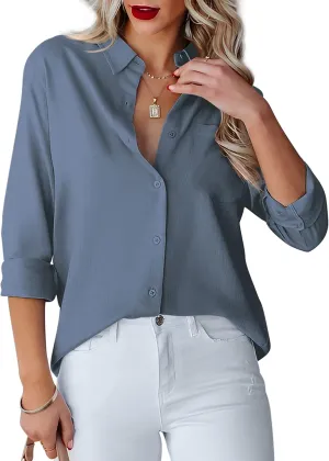 Diosun Womens Button Down Shirts V Neck Long Sleeve Office Casual Business Plain Blouse Tops with Pocket