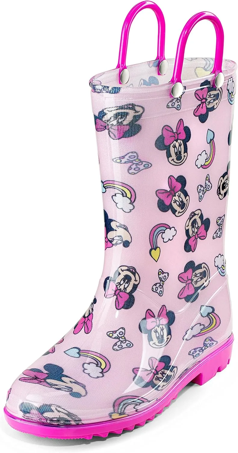 Disney Minnie Mouse Girls' Waterproof PVC Rain Boots with Easy-On Handles – Toddler & Little Kid Sizes