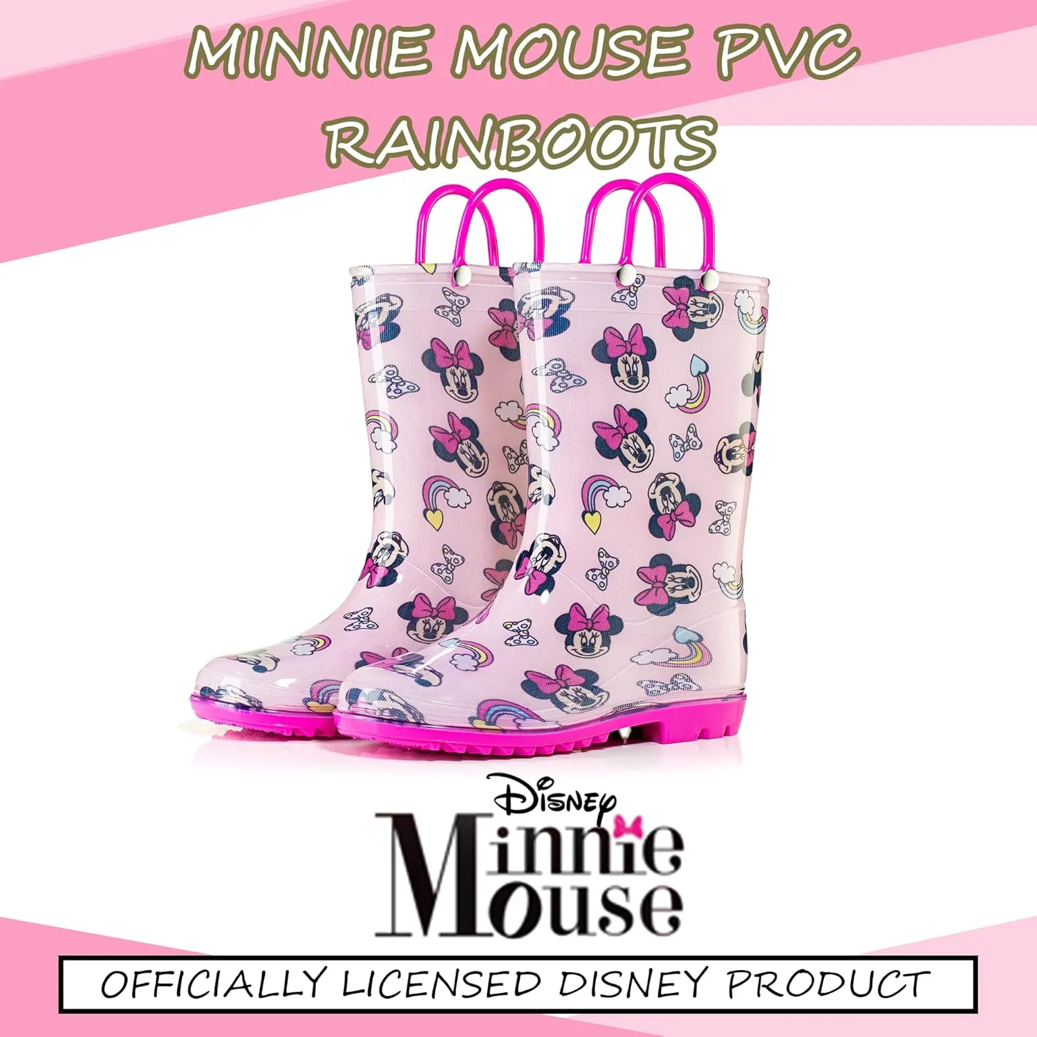 Disney Minnie Mouse Girls' Waterproof PVC Rain Boots with Easy-On Handles – Toddler & Little Kid Sizes