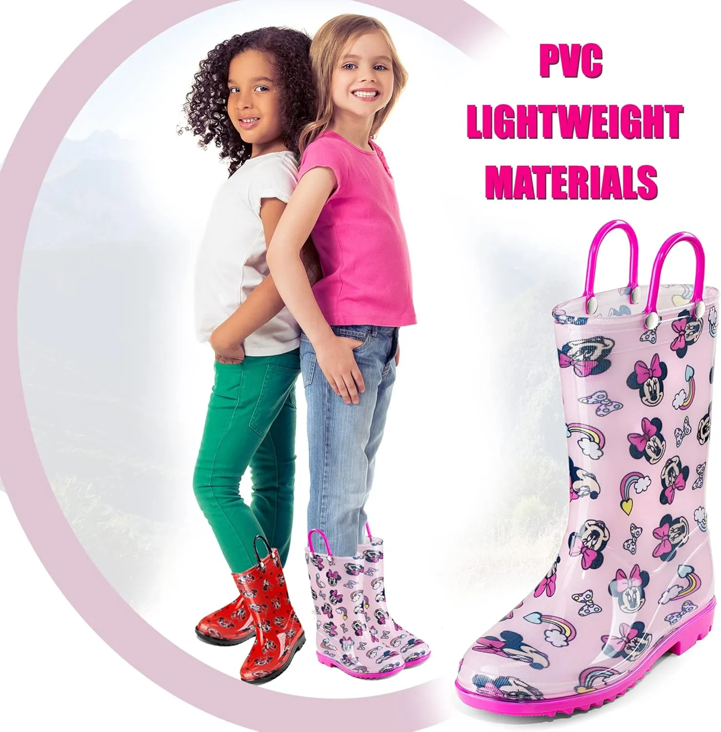 Disney Minnie Mouse Girls' Waterproof PVC Rain Boots with Easy-On Handles – Toddler & Little Kid Sizes