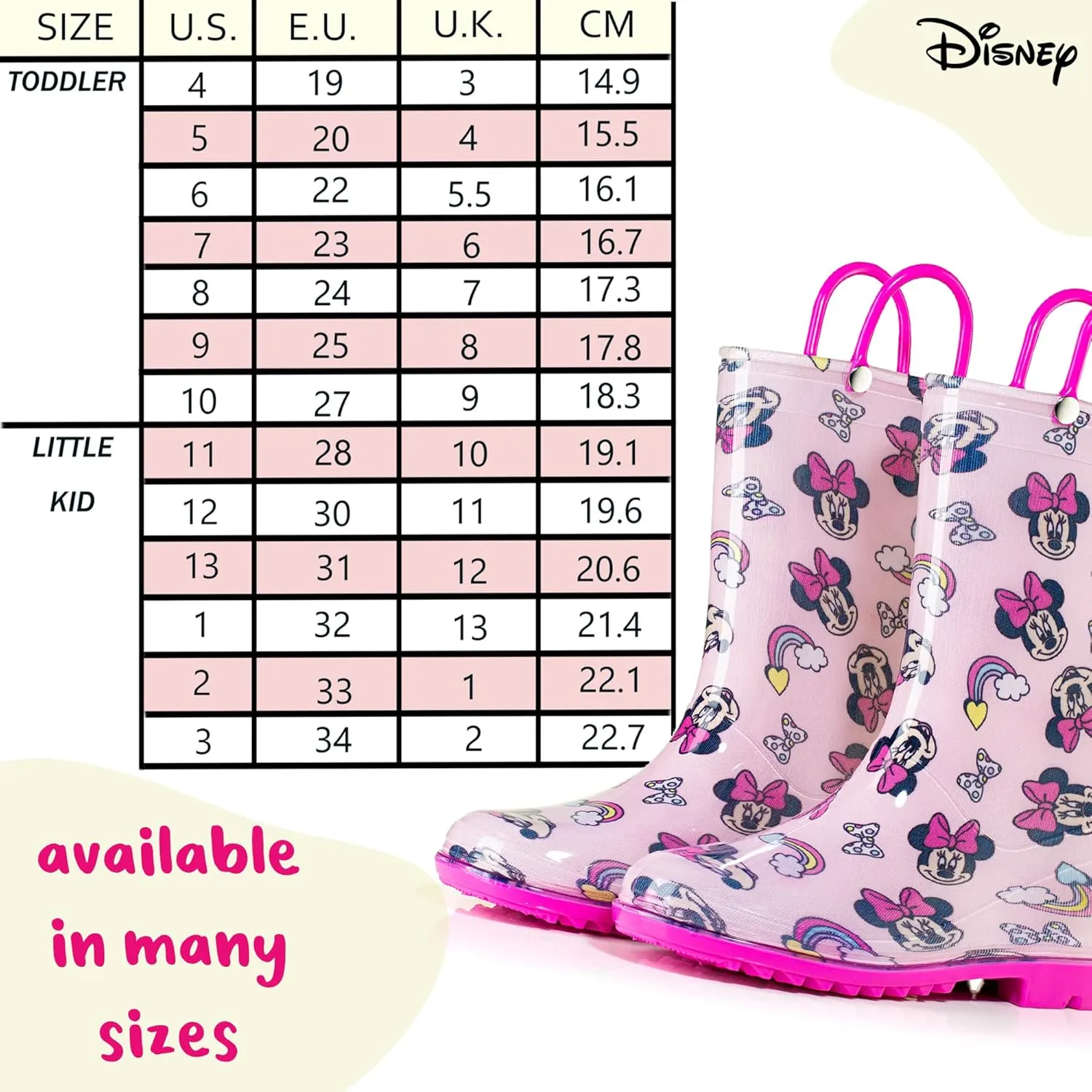 Disney Minnie Mouse Girls' Waterproof PVC Rain Boots with Easy-On Handles – Toddler & Little Kid Sizes