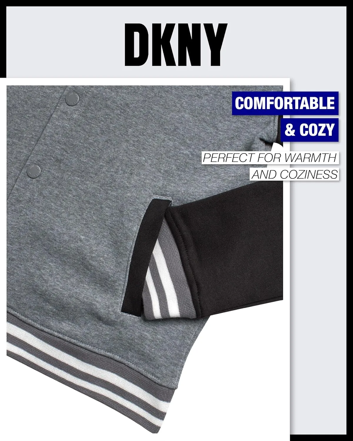 DKNY Boys Bomber Jacket - Stylish Letterman Fleece Baseball Varsity Jacket with Snap Front and Bold Sleeves (Sizes: 8-20)