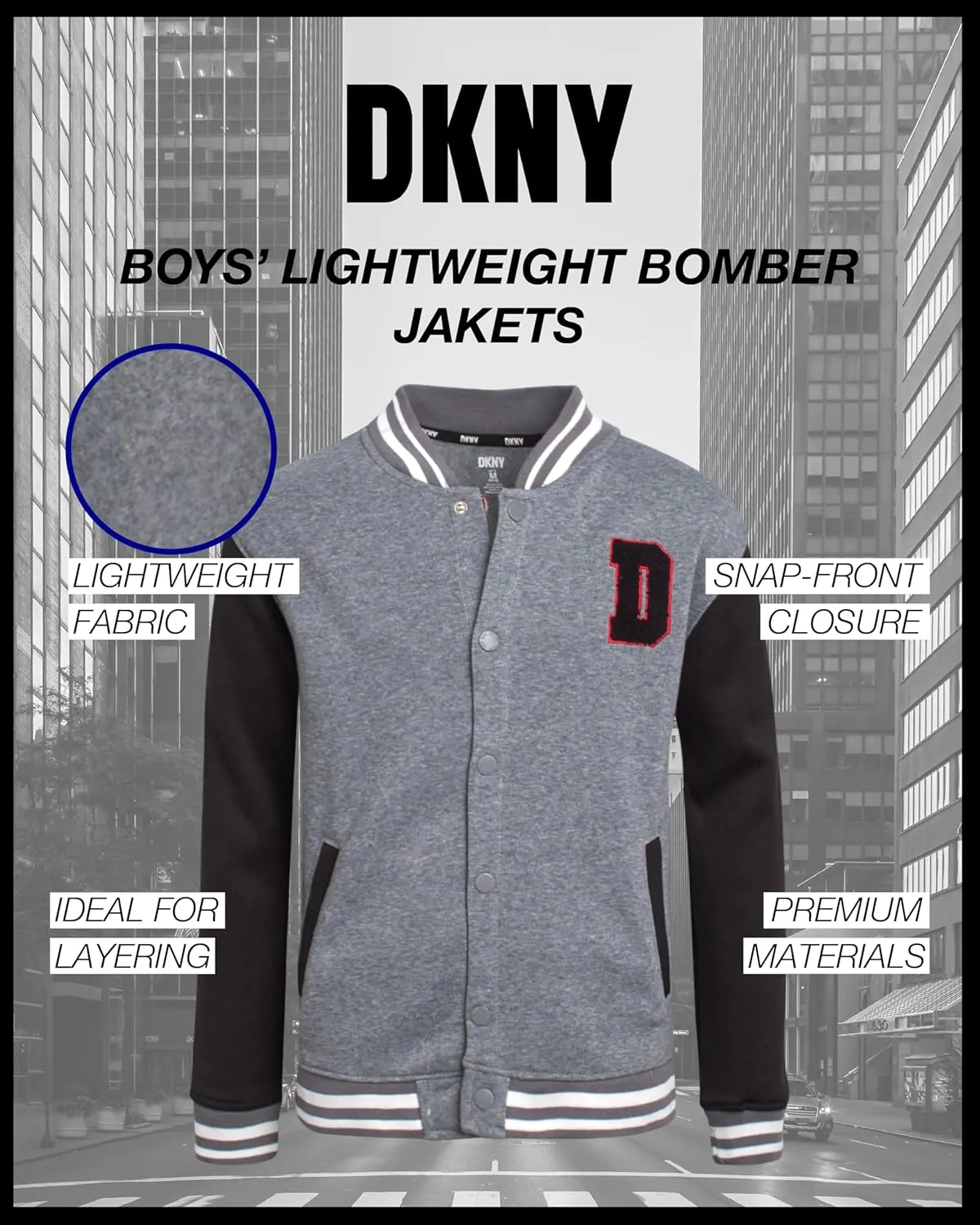 DKNY Boys Bomber Jacket - Stylish Letterman Fleece Baseball Varsity Jacket with Snap Front and Bold Sleeves (Sizes: 8-20)