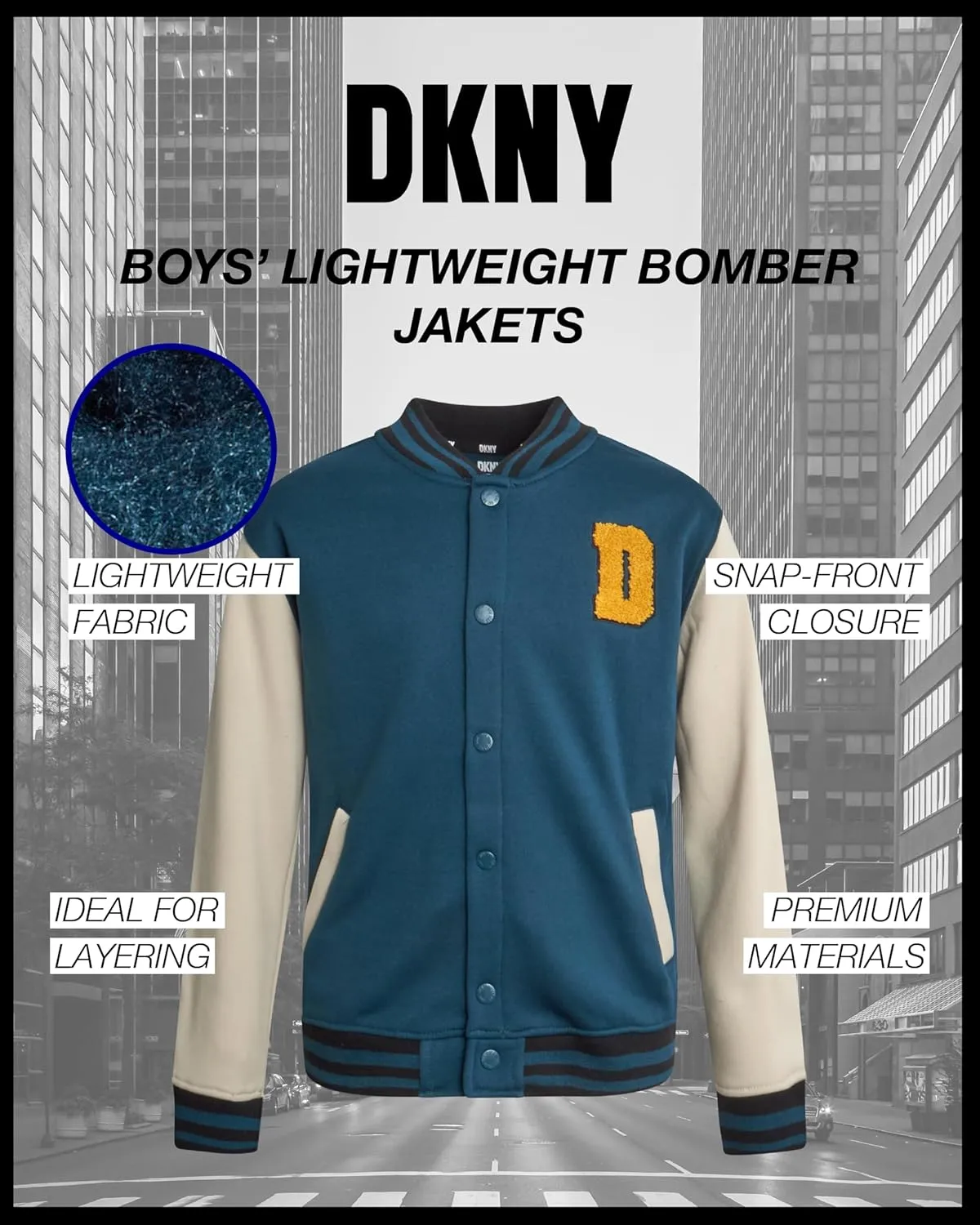 DKNY Boys Bomber Jacket - Stylish Letterman Fleece Baseball Varsity Jacket with Snap Front and Bold Sleeves (Sizes: 8-20)