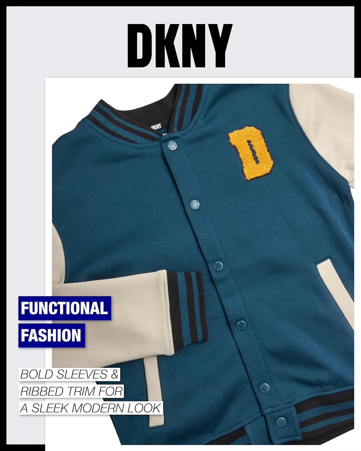 DKNY Boys Bomber Jacket - Stylish Letterman Fleece Baseball Varsity Jacket with Snap Front and Bold Sleeves (Sizes: 8-20)
