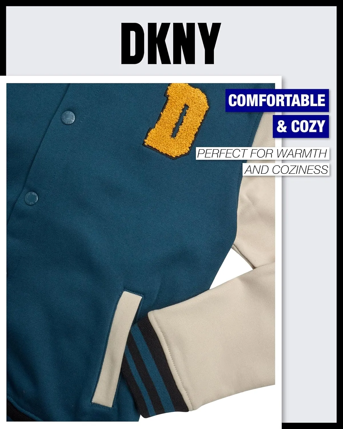 DKNY Boys Bomber Jacket - Stylish Letterman Fleece Baseball Varsity Jacket with Snap Front and Bold Sleeves (Sizes: 8-20)