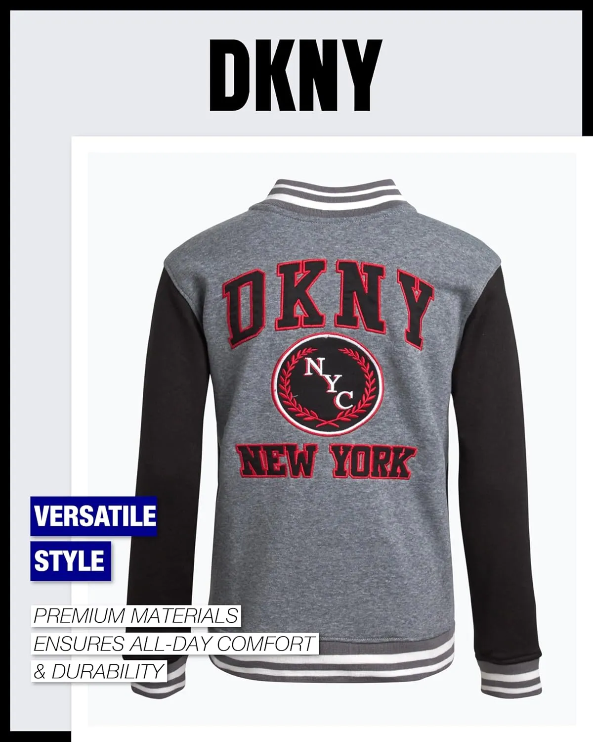 DKNY Boys Bomber Jacket - Stylish Letterman Fleece Baseball Varsity Jacket with Snap Front and Bold Sleeves (Sizes: 8-20)