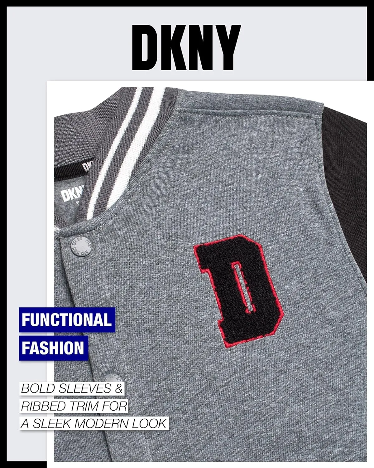 DKNY Boys Bomber Jacket - Stylish Letterman Fleece Baseball Varsity Jacket with Snap Front and Bold Sleeves (Sizes: 8-20)