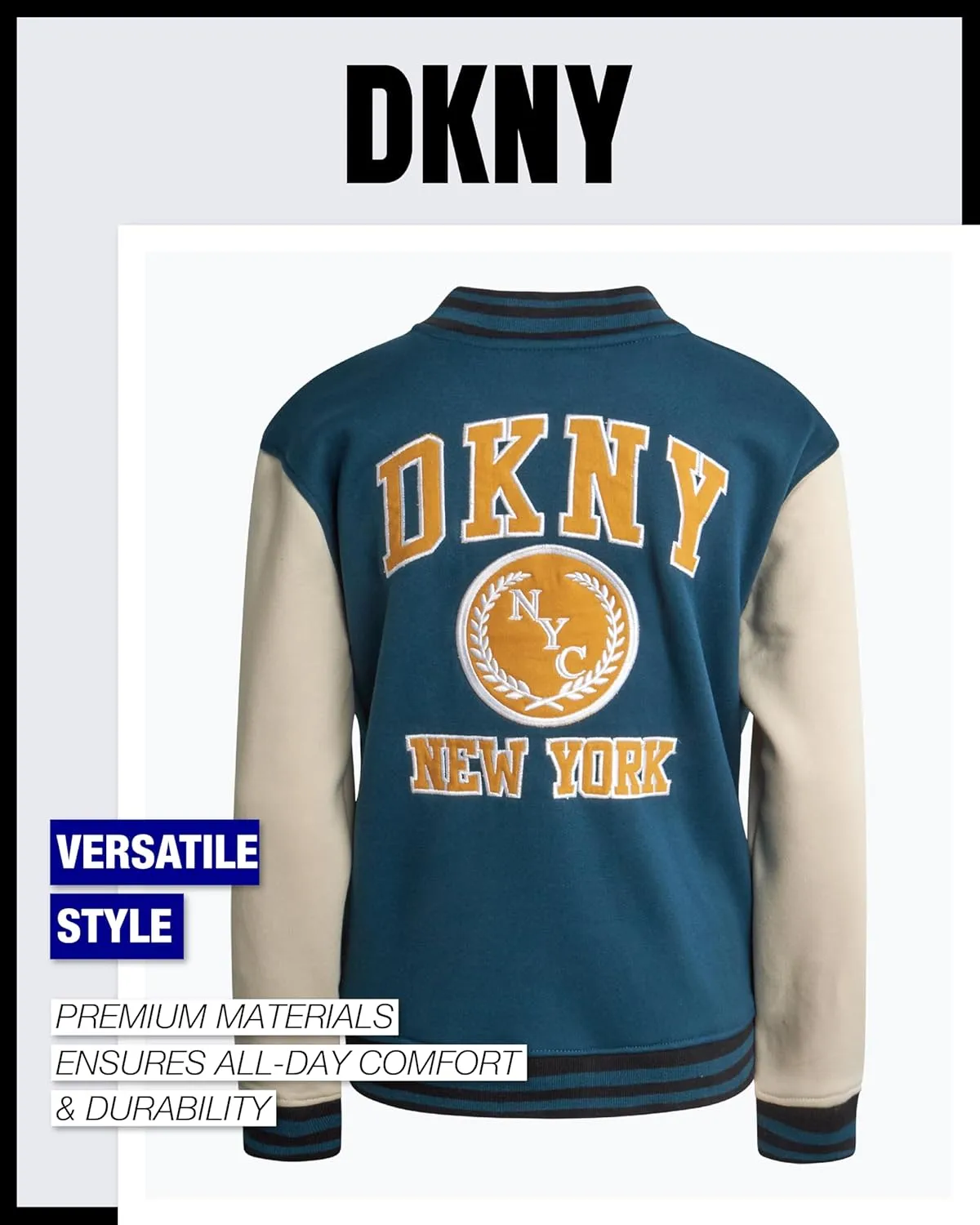 DKNY Boys Bomber Jacket - Stylish Letterman Fleece Baseball Varsity Jacket with Snap Front and Bold Sleeves (Sizes: 8-20)