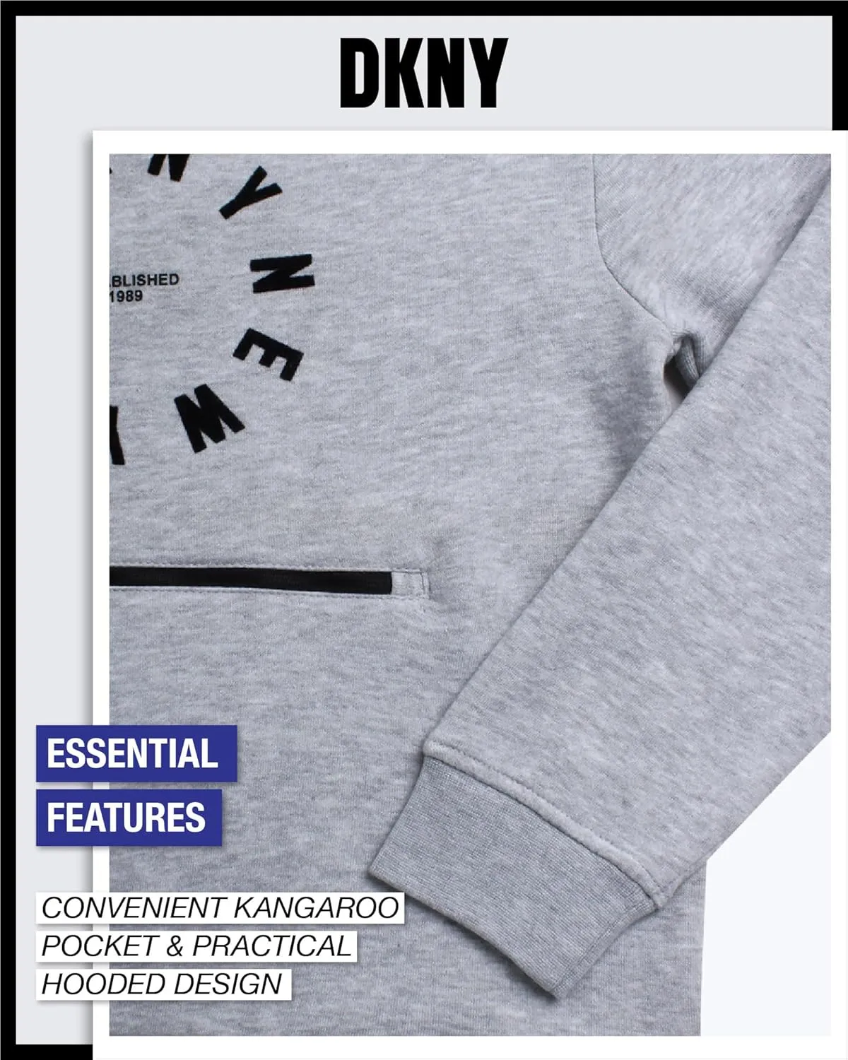 DKNY Boys' Pullover Hoodie - Soft Fleece Stylish Logo Graphic Hooded Sweatshirt with Kangaroo Pocket (Sizes: 8-20)