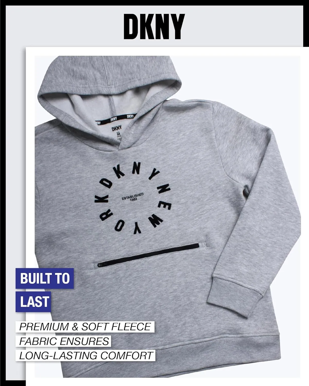 DKNY Boys' Pullover Hoodie - Soft Fleece Stylish Logo Graphic Hooded Sweatshirt with Kangaroo Pocket (Sizes: 8-20)