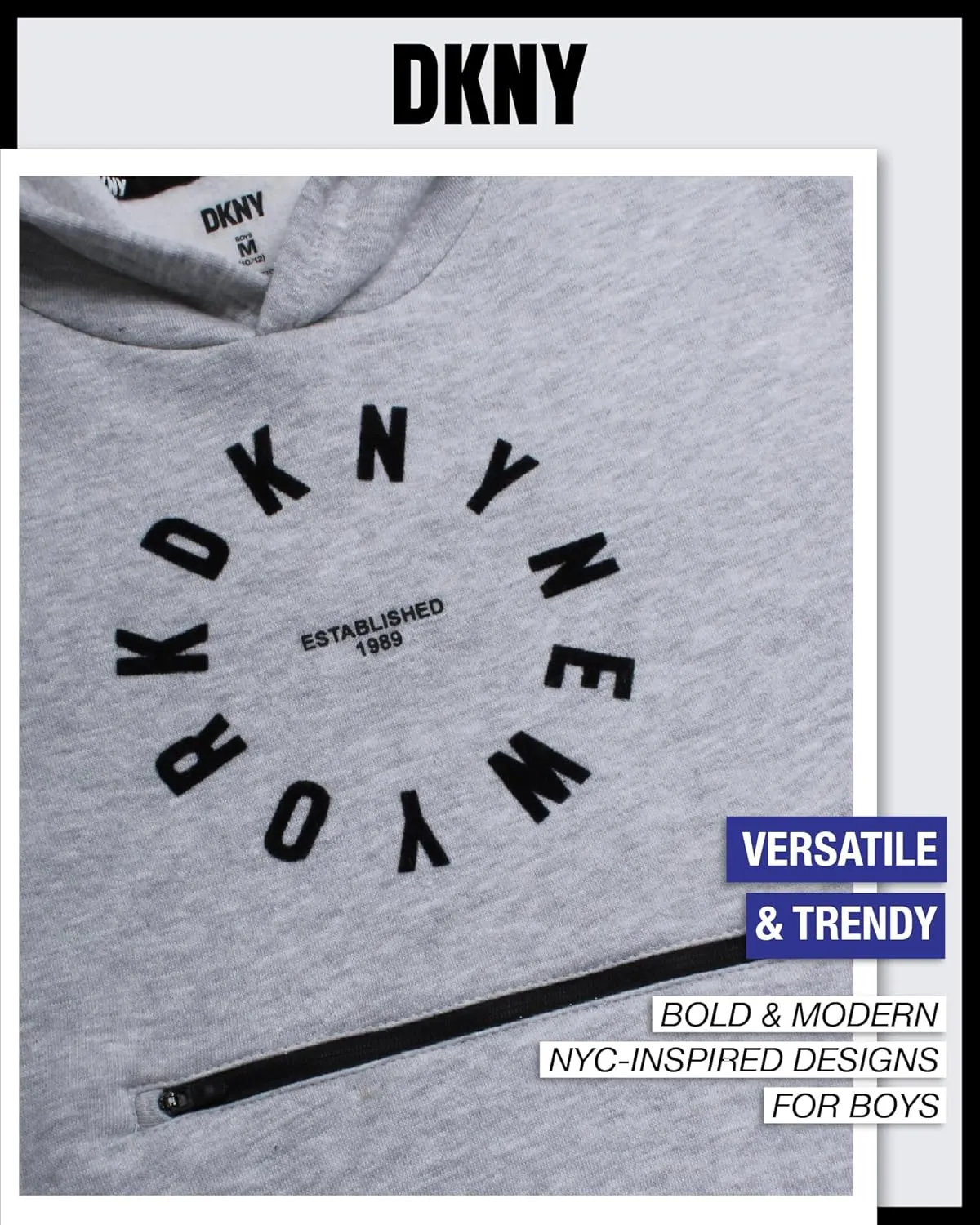 DKNY Boys' Pullover Hoodie - Soft Fleece Stylish Logo Graphic Hooded Sweatshirt with Kangaroo Pocket (Sizes: 8-20)