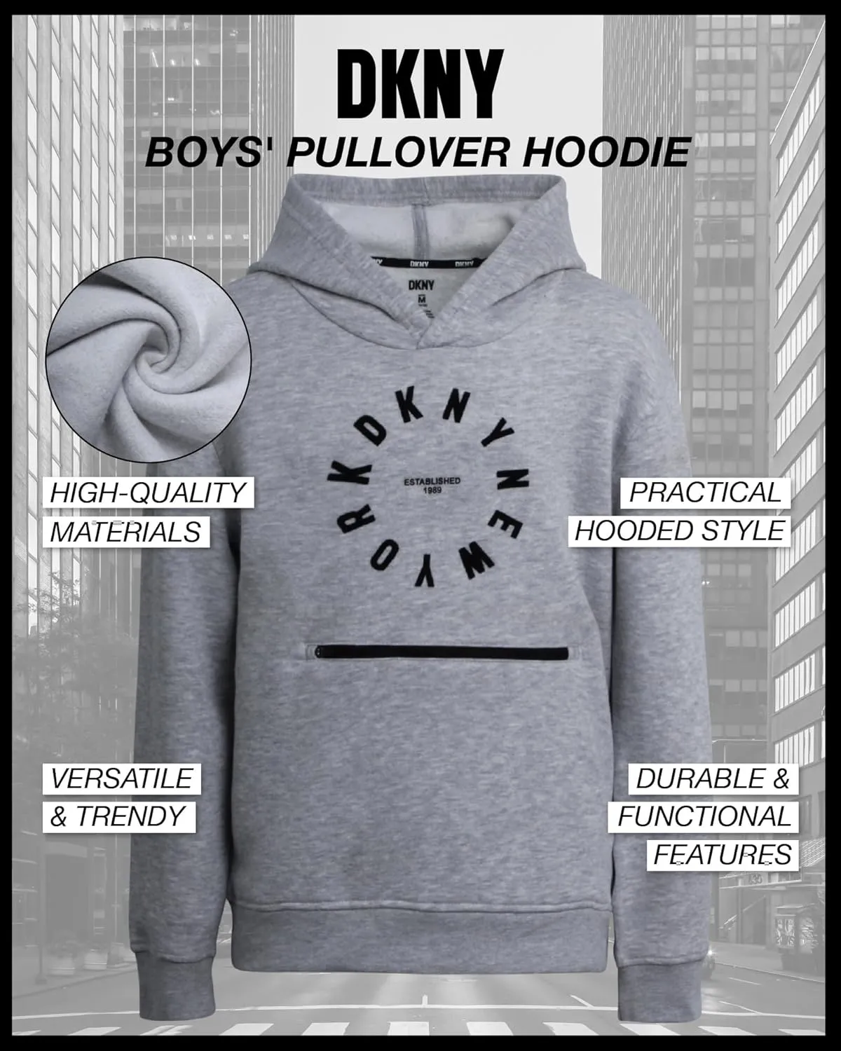DKNY Boys' Pullover Hoodie - Soft Fleece Stylish Logo Graphic Hooded Sweatshirt with Kangaroo Pocket (Sizes: 8-20)