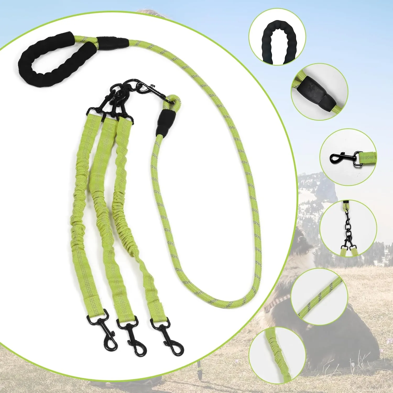 Dog Double Leashes,Rope Bungee Four Leash with Padded Handle Removable for 4 Dogs,Tangle-Free, Padded Handles, 360° Swivel Control (Green, 4 Way)