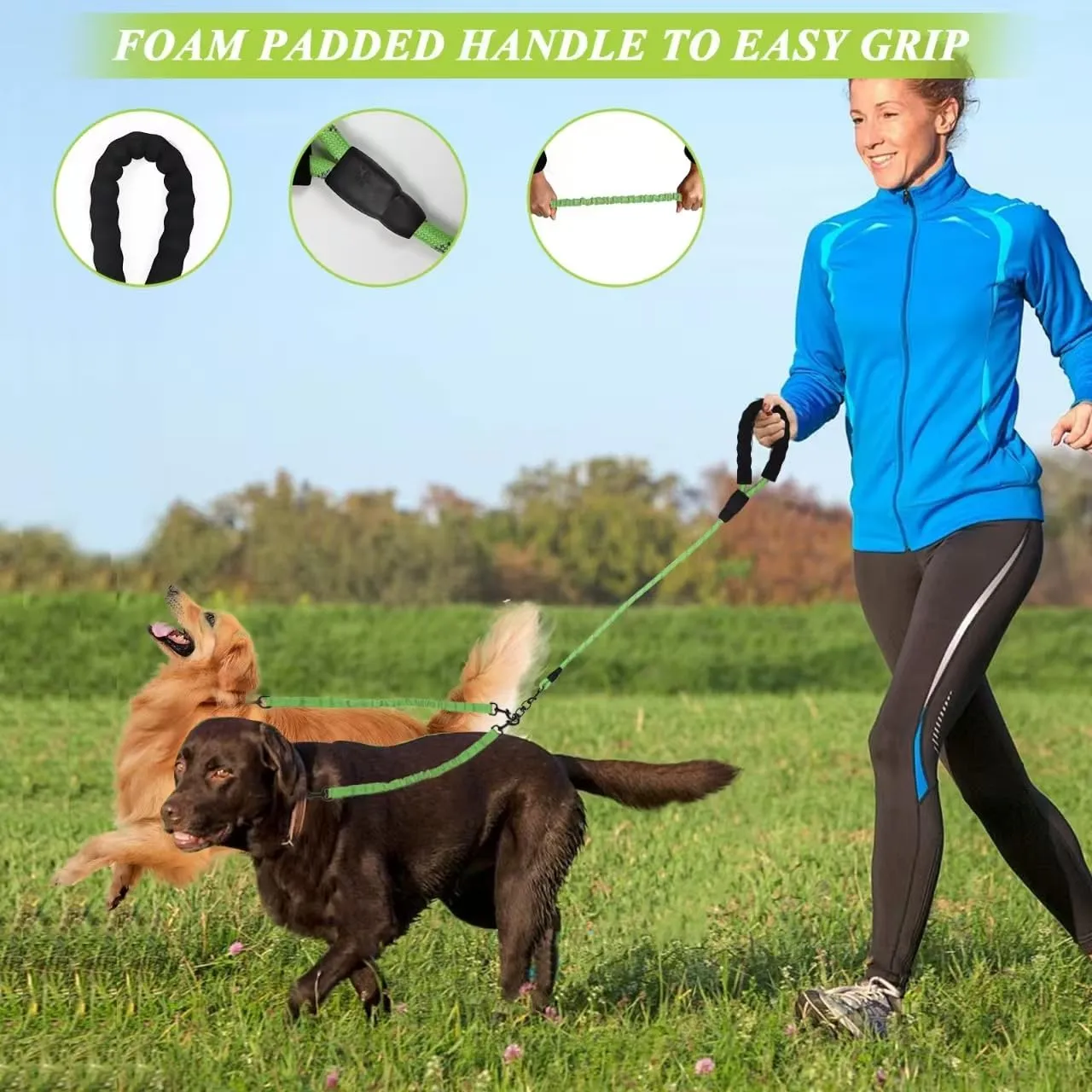 Dog Double Leashes,Rope Bungee Four Leash with Padded Handle Removable for 4 Dogs,Tangle-Free, Padded Handles, 360° Swivel Control (Green, 4 Way)