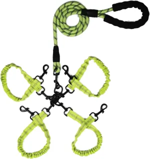 Dog Double Leashes,Rope Bungee Four Leash with Padded Handle Removable for 4 Dogs,Tangle-Free, Padded Handles, 360° Swivel Control (Green, 4 Way)