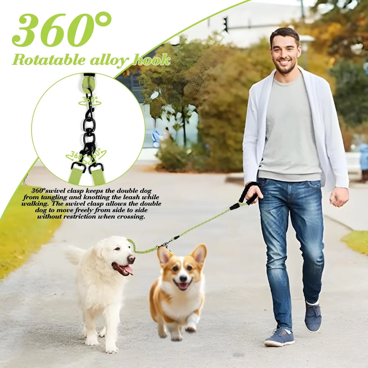 Dog Double Leashes,Rope Bungee Four Leash with Padded Handle Removable for 4 Dogs,Tangle-Free, Padded Handles, 360° Swivel Control (Green, 4 Way)