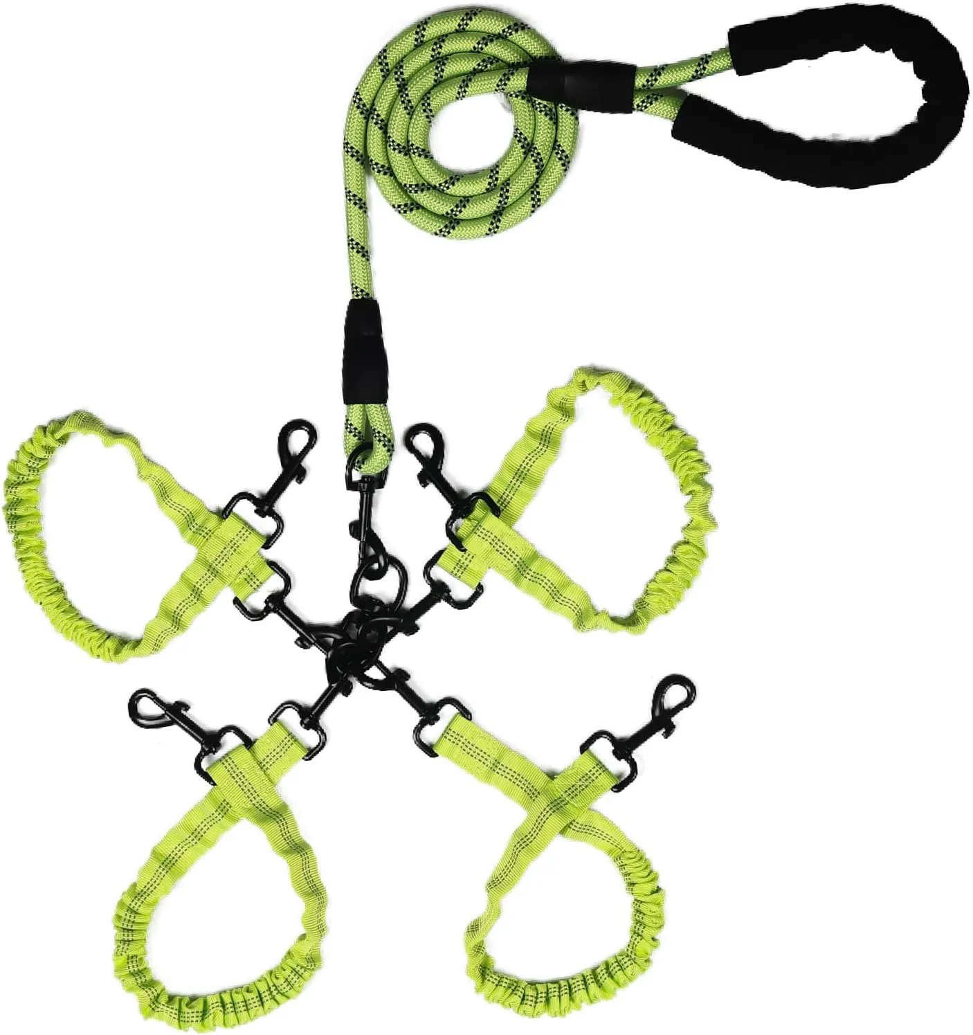 Dog Double Leashes,Rope Bungee Four Leash with Padded Handle Removable for 4 Dogs,Tangle-Free, Padded Handles, 360° Swivel Control (Green, 4 Way)