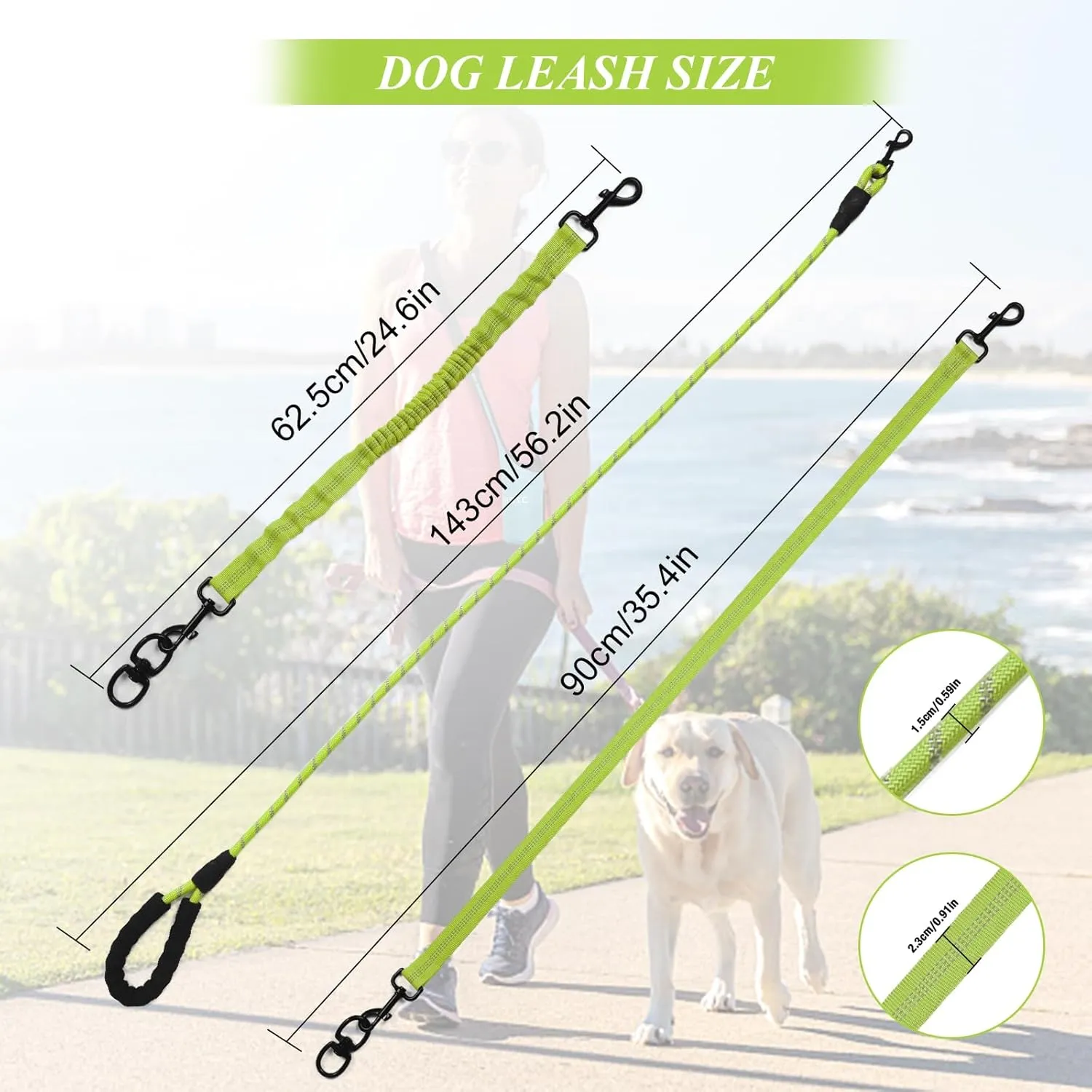 Dog Double Leashes,Rope Bungee Four Leash with Padded Handle Removable for 4 Dogs,Tangle-Free, Padded Handles, 360° Swivel Control (Green, 4 Way)