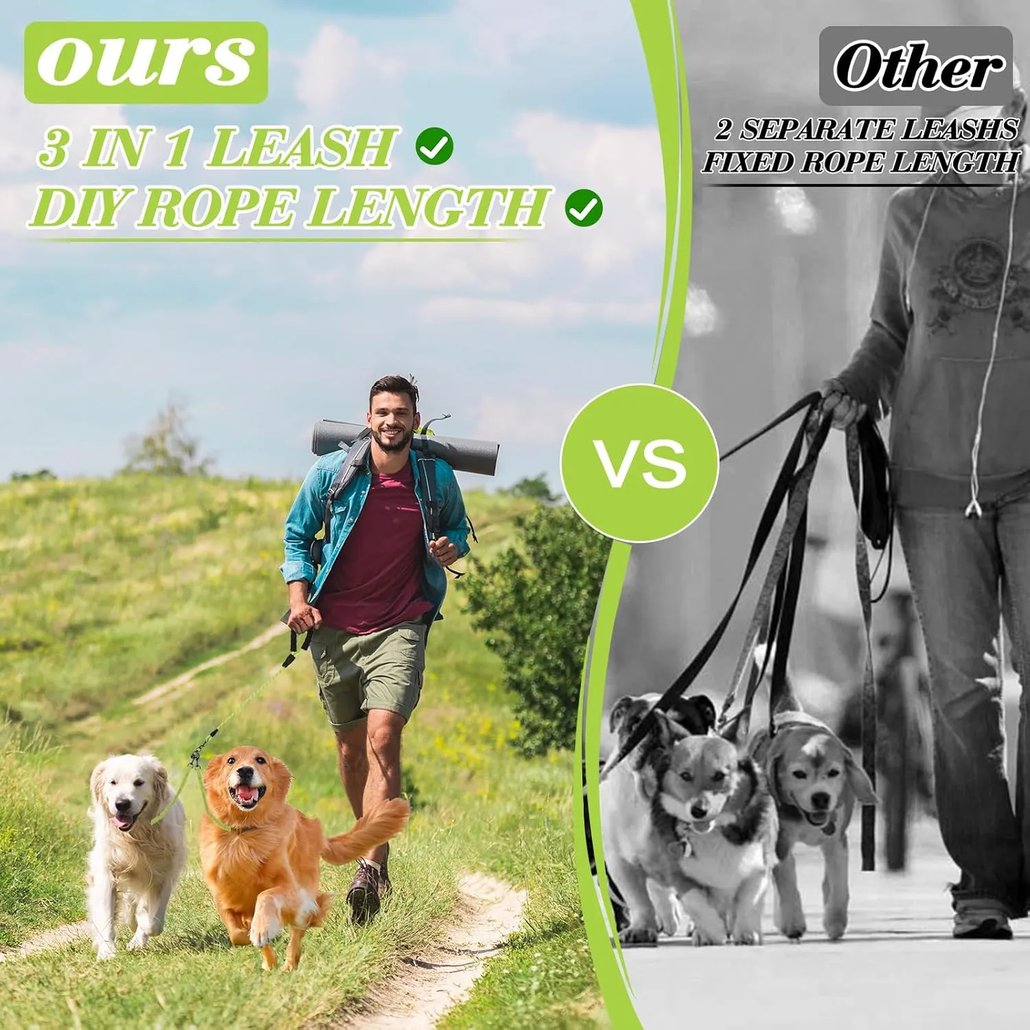 Dog Double Leashes,Rope Bungee Four Leash with Padded Handle Removable for 4 Dogs,Tangle-Free, Padded Handles, 360° Swivel Control (Green, 4 Way)