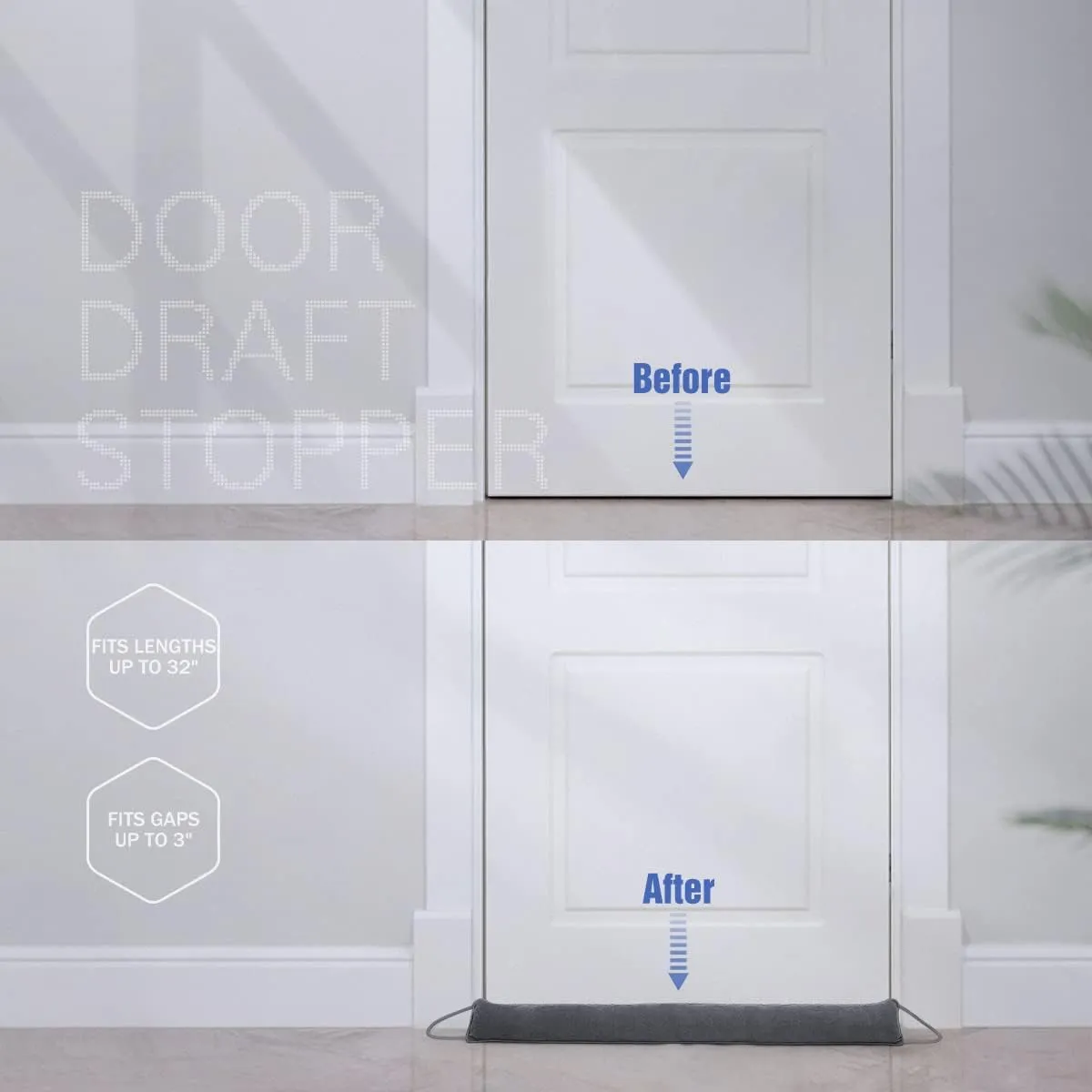 Door Draft Stopper, 32 Inch Weighted Under Door Noise Cold Air Blocker, Heavy Duty Sound Proof Draft Guard Gap Snake for Bottom of Doors and Windows, 2lbs (Gray)