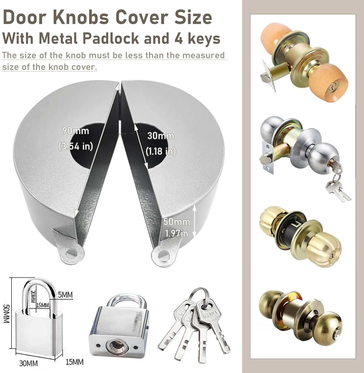 Door Knob Lock Out Device with Padlock, Door Handle Lock - Protects Door Handles from Turning and Entering Keyholes, for Covering Door Handles/Faucets/Valves, Stainless Steel (Silver)