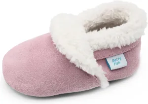 Dotty Fish Baby & Toddler Suede Slippers – Fleece Lined, Non-Slip Soft Sole Shoes – Warm Cozy Slippers for Boys & Girls – Ages 0-4